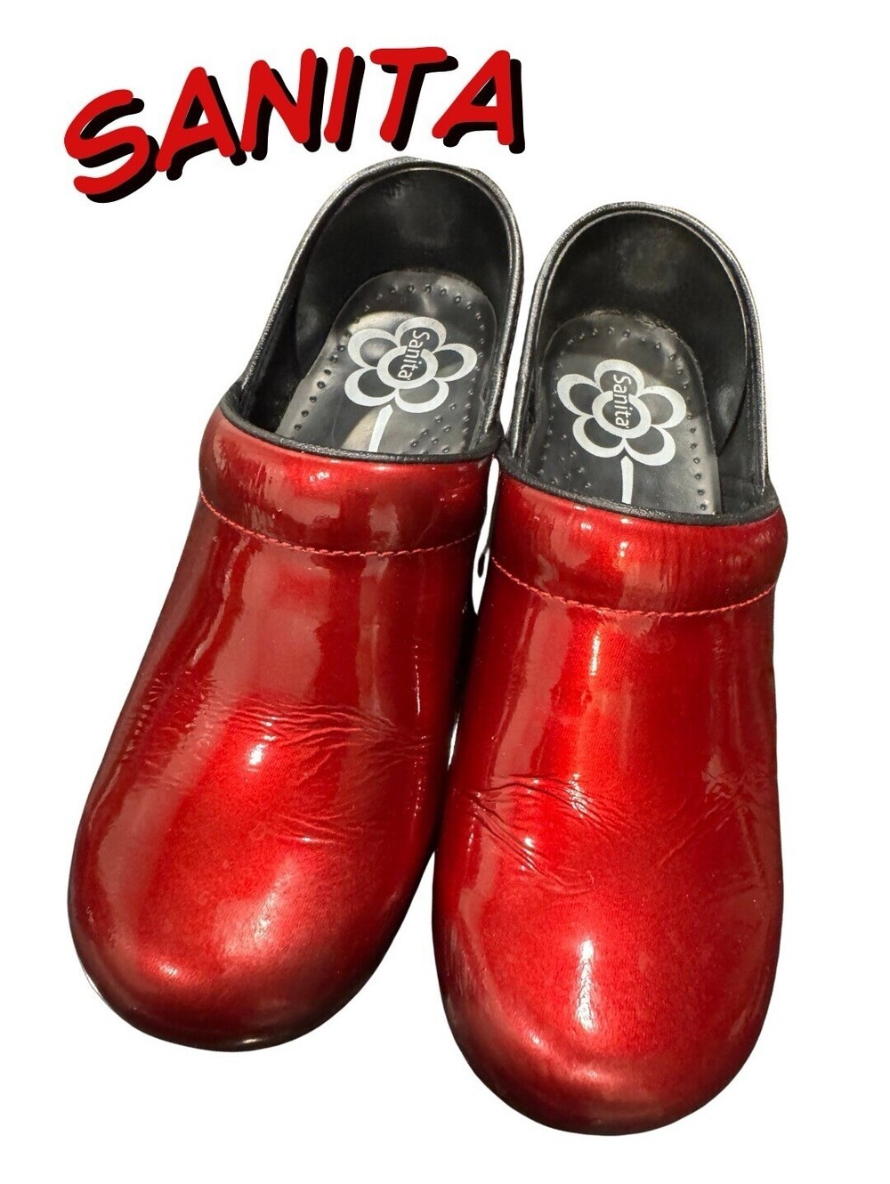 Sanita Womens Red Classic Professional Patent Leather Clogs Slip-on Size 39